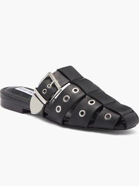 Steve Madden Black Leather Grommet Buckle Slide Mule